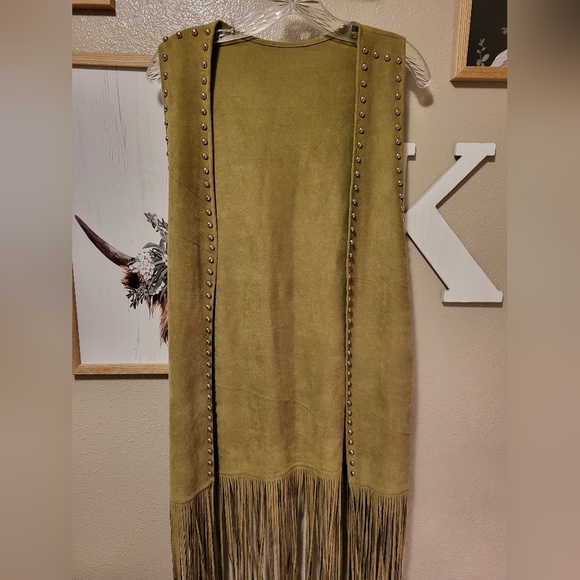 Crazy Train Fringe Studded Cardigan Vest in Olive green - Picture 2 of 3